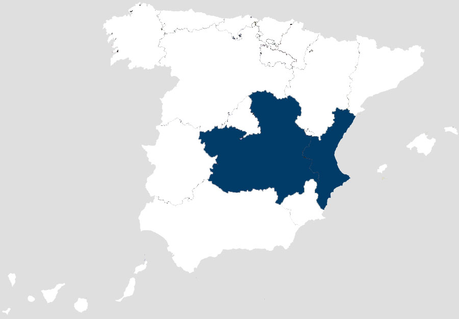 Mapa de España con Castilla-La Mancha y la Comunidad Valenciana resaltadas